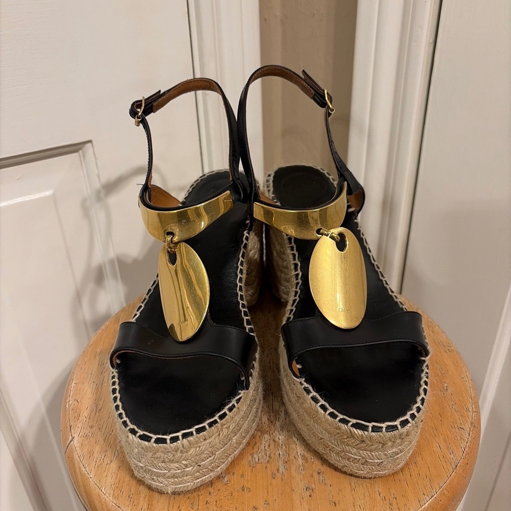 Chloe Womens Glyn Platform Espadrille Sandal Black Gold 40 Leather Wedge